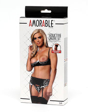 Amorable - Open Cup BH - Incl. String, Jarretelgordel en Kousen - Zwart/Wit-Laced-up.nl