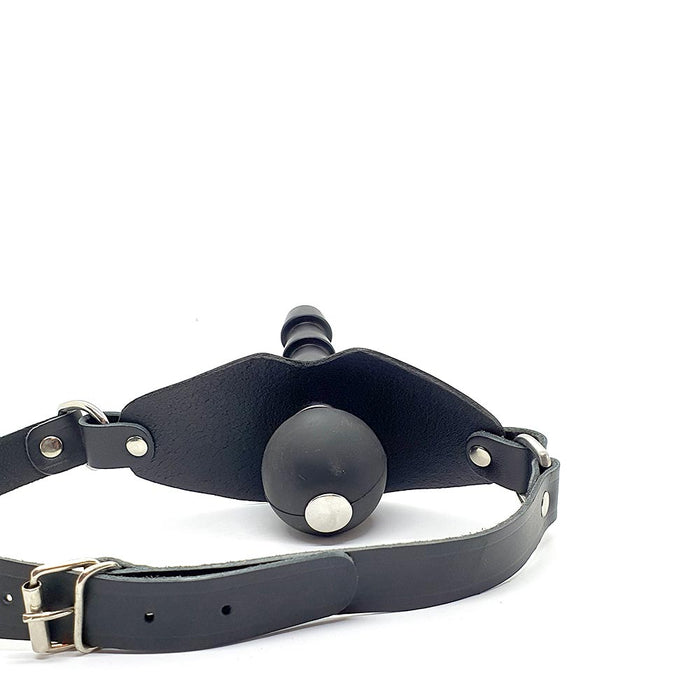 Black Label - Ball Gag met Vac U Lock Aansluiting en Lederen Strap - Zwart-Laced-up.nl
