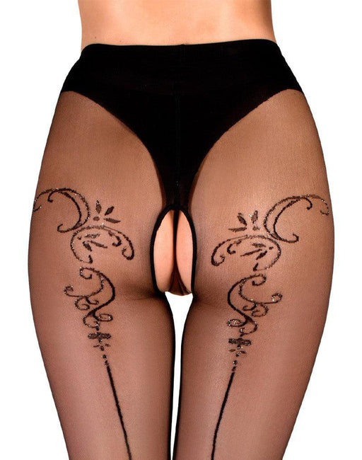 Ballerina - Open Kruis Panty - Flower Scrolls - 20 denier - Zwart-Laced-up.nl