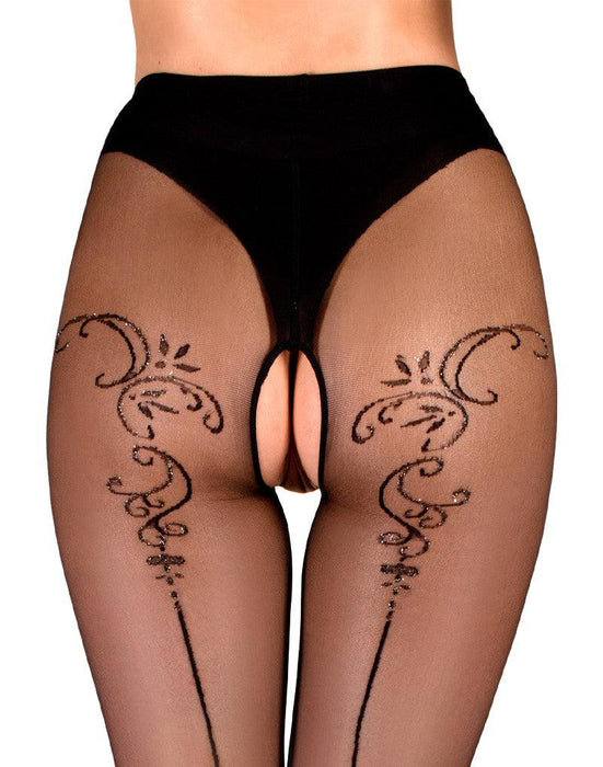 Ballerina - Open Kruis Panty - Flower Scrolls - 20 denier - Zwart-Laced-up.nl