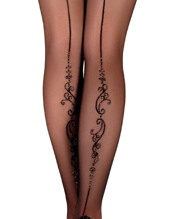 Ballerina - Open Kruis Panty - Flower Scrolls - 20 denier - Zwart-Laced-up.nl