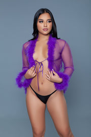 Be Wicked - Bou - Korte Robe met Donsveren - Paars - One Size-laced-up.nl