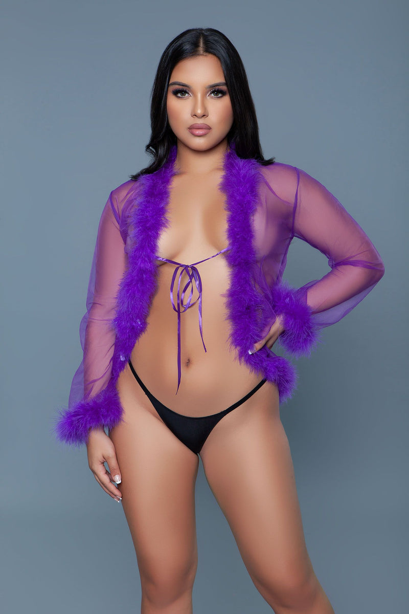 Be Wicked - Bou - Korte Robe met Donsveren - Paars - One Size-laced-up.nl