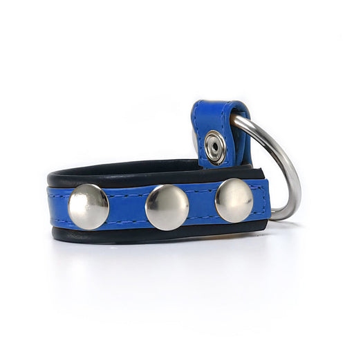 Black Label - Leren Cockstrap met Metalen Penisring - Zwart/Blauw-Laced-up.nl