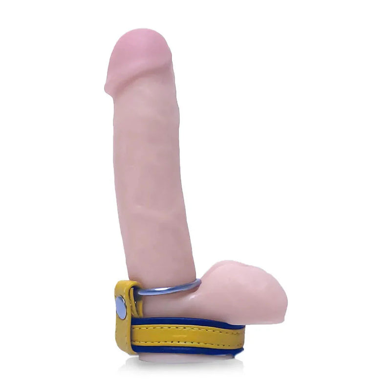 Black Label - Leren Cockstrap met Metalen Penisring - Zwart/Geel-Laced-up.nl