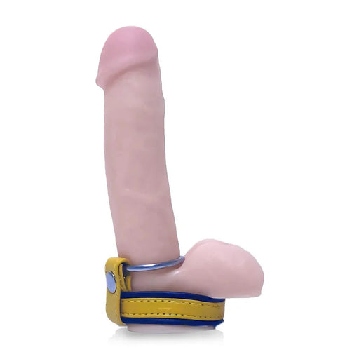 Black Label - Leren Cockstrap met Metalen Penisring - Zwart/Geel-Laced-up.nl