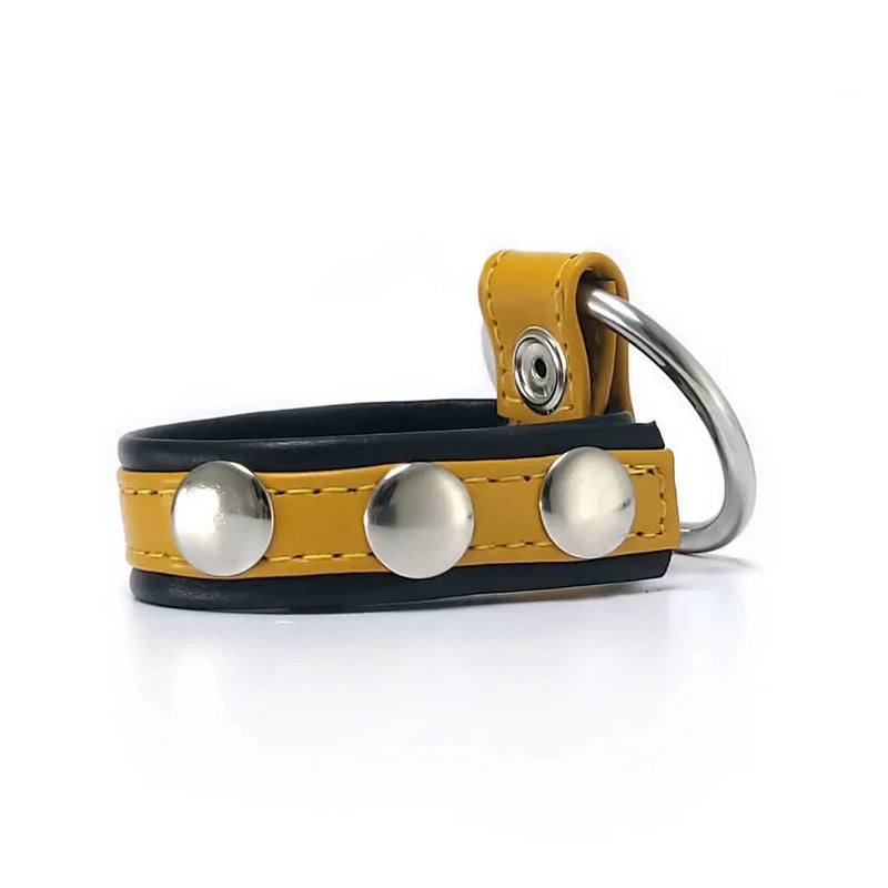Black Label - Leren Cockstrap met Metalen Penisring - Zwart/Geel-Laced-up.nl