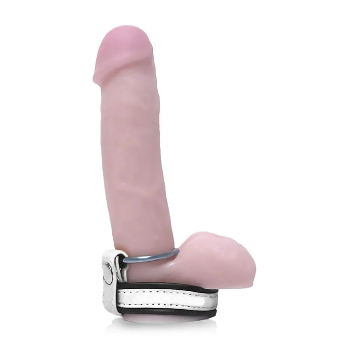 Black Label - Leren Cockstrap met Metalen Penisring - Zwart/Wit-Laced-up.nl