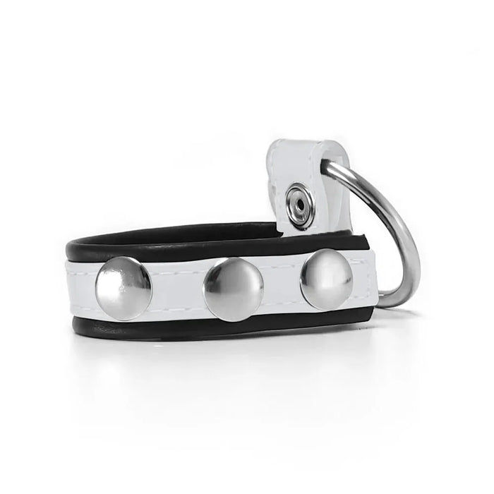 Black Label - Leren Cockstrap met Metalen Penisring - Zwart/Wit-Laced-up.nl