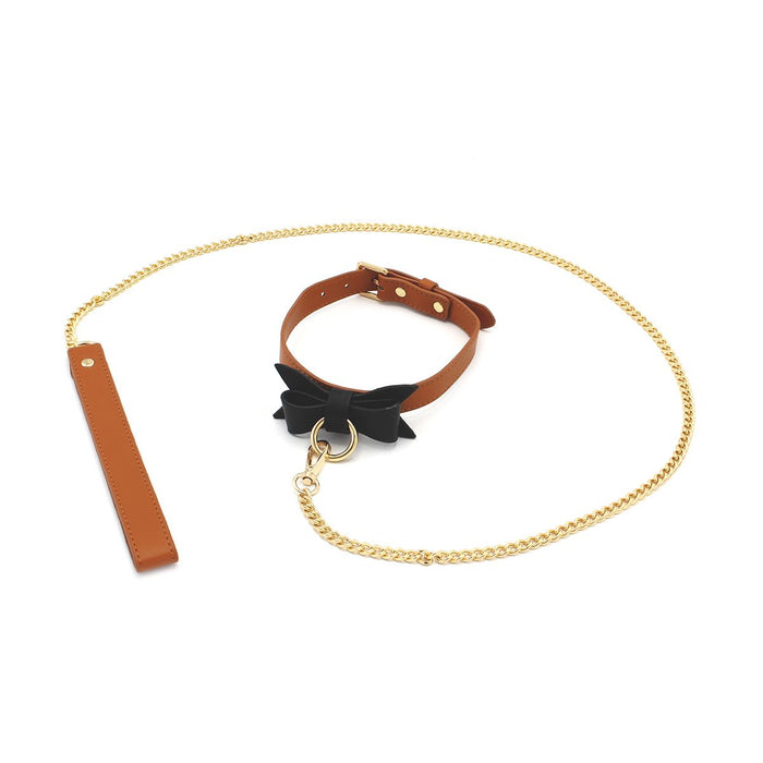 Bruin Leren collar Met Zwarte Strik En leiband-Laced-up.nl