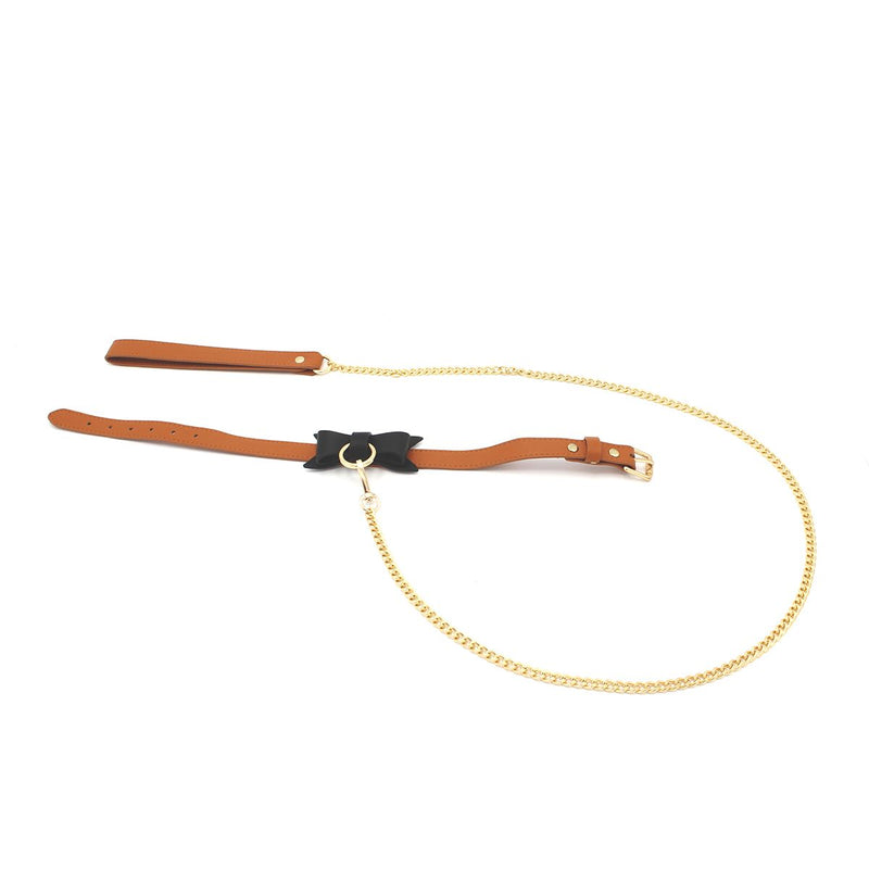 Bruin Leren collar Met Zwarte Strik En leiband-Laced-up.nl