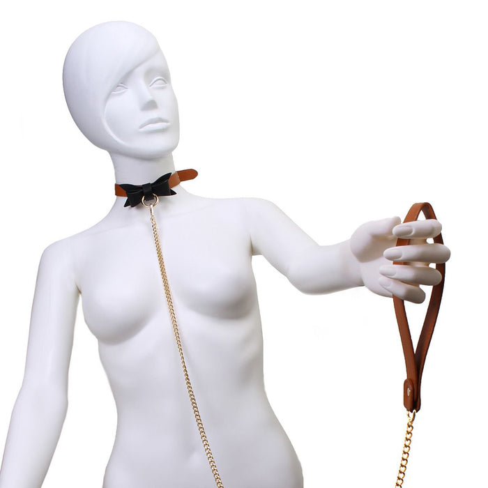 Bruin Leren collar Met Zwarte Strik En leiband-Laced-up.nl