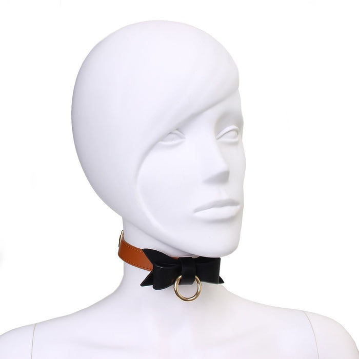 Bruin Leren collar Met Zwarte Strik En leiband-Laced-up.nl