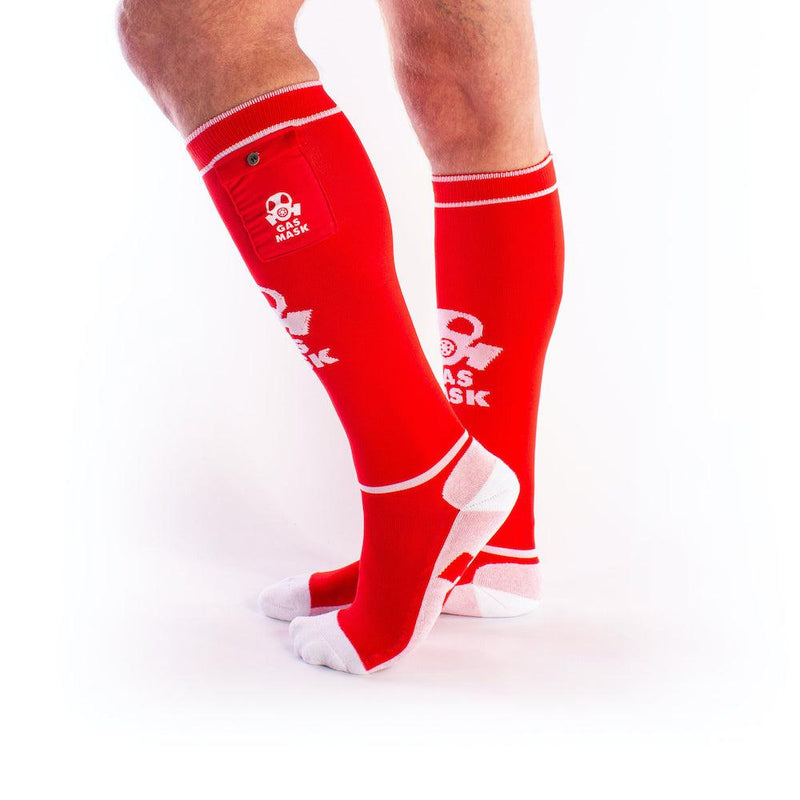 Brutus - Gas Mask Party Soccer Socks with Pouch - Red/White-Laced-up.nl