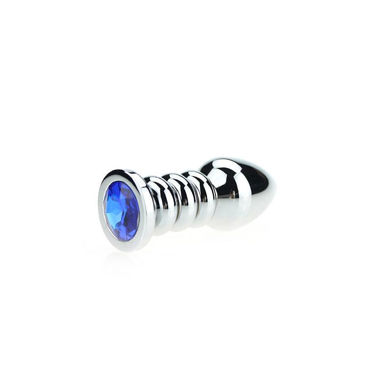 Buttplug Aluminium - Geribbeld - Met Siersteen - Blauw-Laced-up.nl