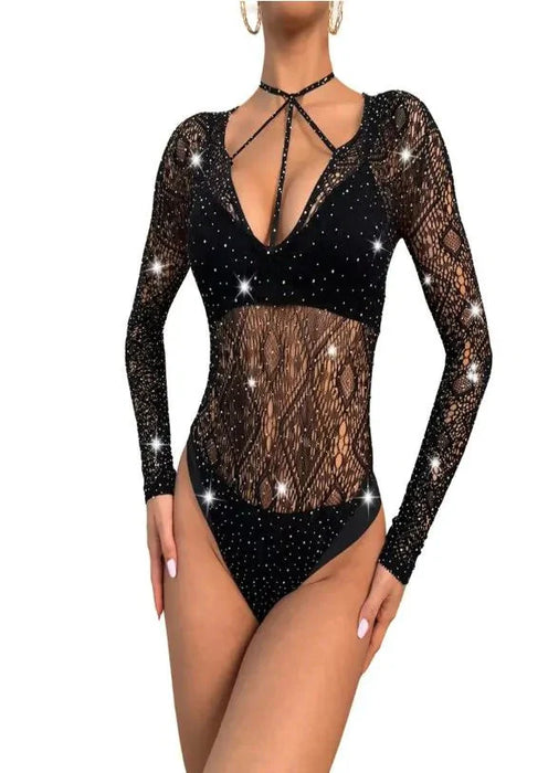 Cindylove - Body met mouwen en strass steentjes - Zwart-Laced-up.nl