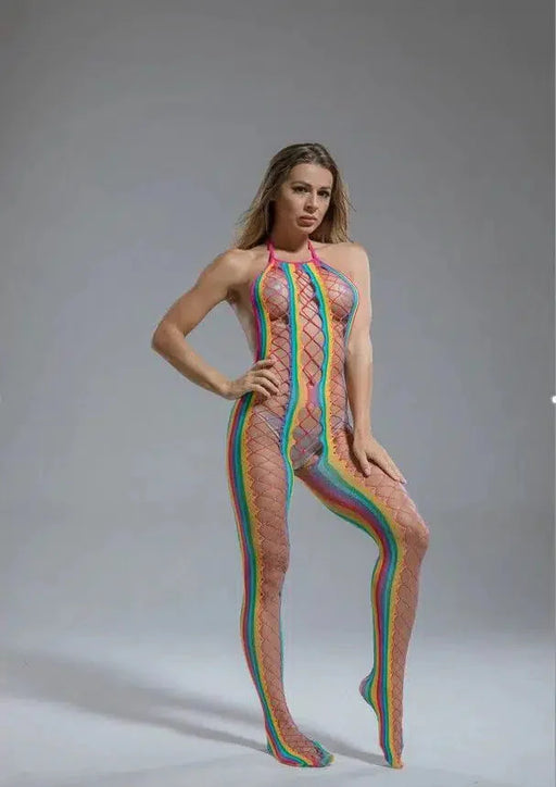Cindylove - Bodystocking - Catsuit met Rijgveter Illusie - One size - Rainbow-Laced-up.nl