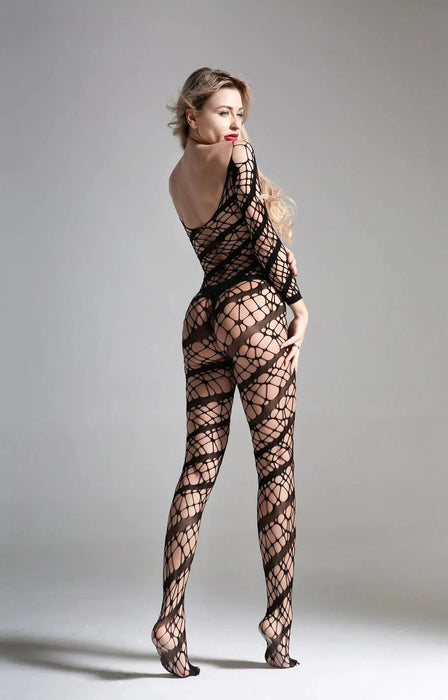 Cindylove - Catsuit - Bodystocking - Diagonale Strepen - One Size - Zwart-Laced-up.nl