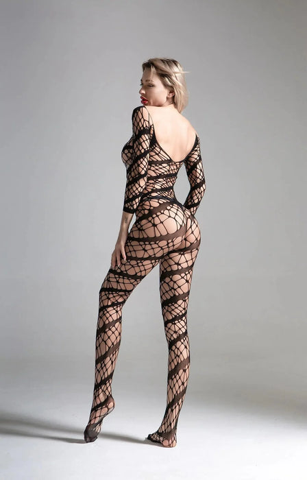 Cindylove - Catsuit - Bodystocking - Diagonale Strepen - One Size - Zwart-Laced-up.nl