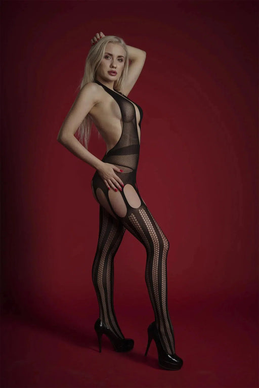 Cindylove - Catsuit met Jarretelkousen en Extreem Decollete - One Size - Zwart-Laced-up.nl