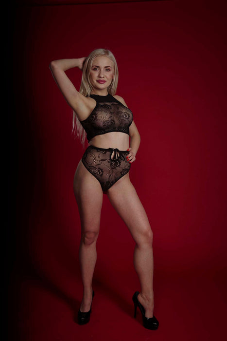 Cindylove - Kanten Haltertopje en Broekje - One Size - Zwart-Laced-up.nl