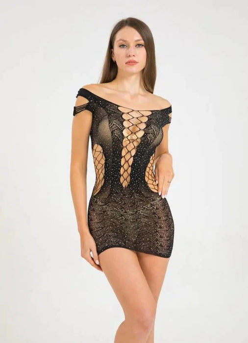 Cindylove - Mini Jurkje met Opengewerkte Voorkant en Strass Steentjes - One size - Zwart-Laced-up.nl