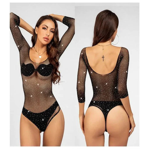 Cindylove - Transparante Body met mouwen en strass steentjes - One size - Zwart-Laced-up.nl