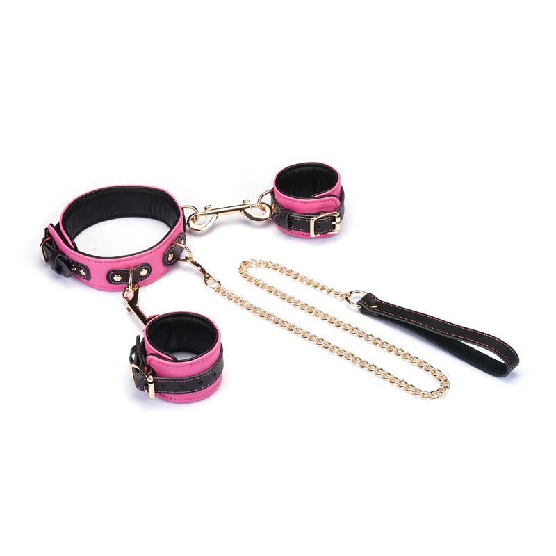 Liebe Seele - Polsboeien Collar en Leiband - Italiaans Leder - Pluche Voering - Roze/Zwart-laced-up.nl