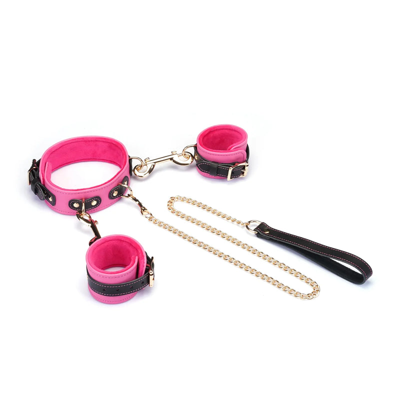 Liebe Seele - Polsboeien Collar en Leiband - Italiaans Leder - Pluche Voering - Roze/Zwart-laced-up.nl