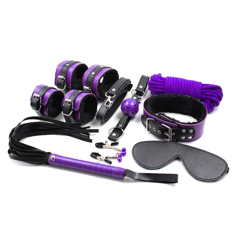 Fixxx - BDSM Set Voor Beginners - 8 delen - Gevoerd met Bont - Zwart/Paars-Laced-up.nl