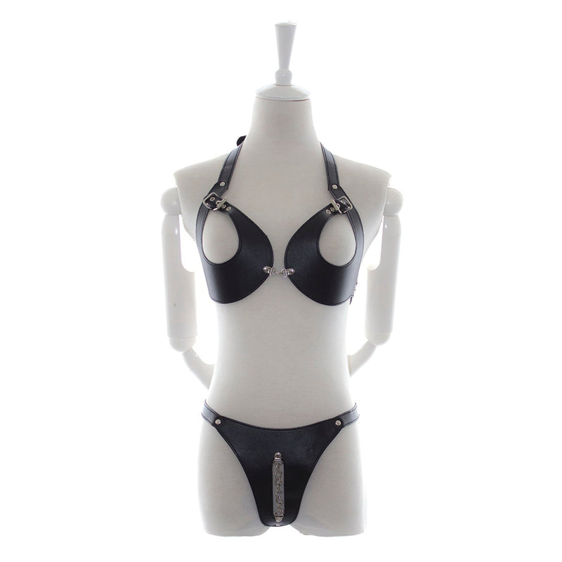 Fixxx - Fetish BH en Slipje met Open Kruis - Nr. 2 - PU-Leer - One Size - Zwart-Laced-up.nl