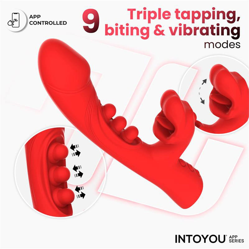 IY - Trixy - Driedubbele Kloppende Rabbit Vibrator met Likkende Tong - App Control - Rood-Erotiekvoordeel.nl