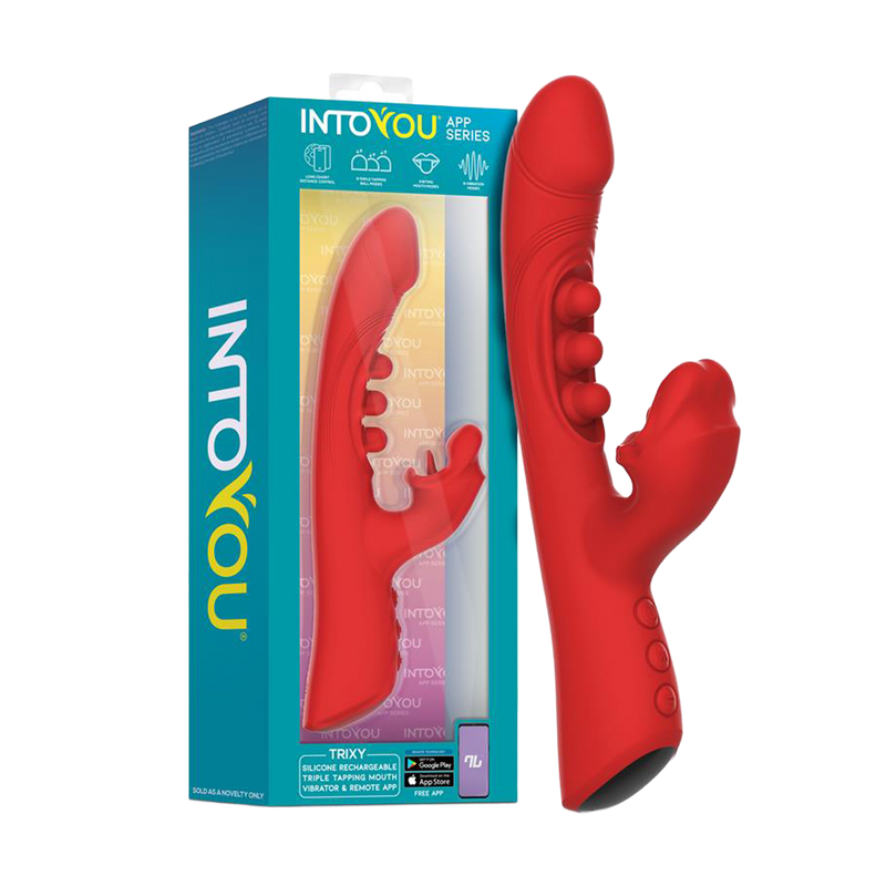 IY - Trixy - Driedubbele Kloppende Rabbit Vibrator met Likkende Tong - App Control - Rood-Erotiekvoordeel.nl