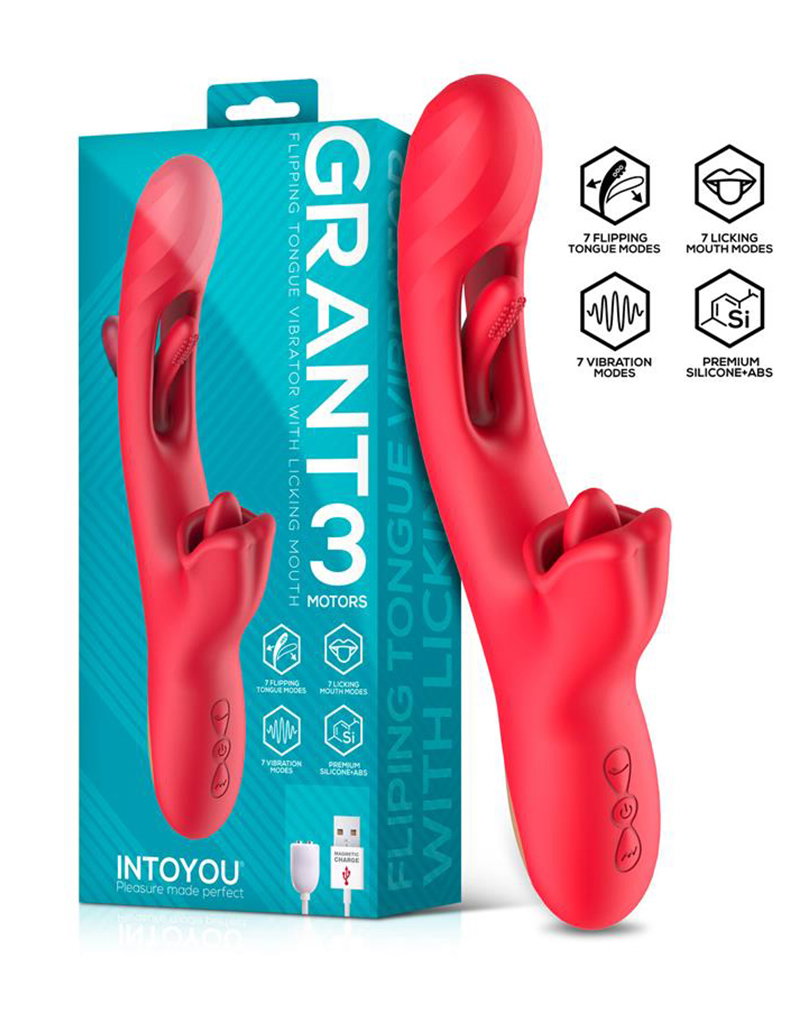 IY - Grant - Vibrator met bewegende tong en 360° likkend mondje - Rood-Erotiekvoordeel.nl