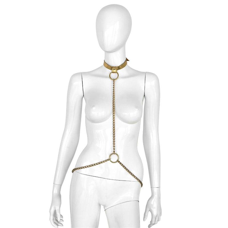 Kiotos - Collar - Collar de cuero dorado con cadenas doradas - Ajustable-Erotiekvoordeel.nl