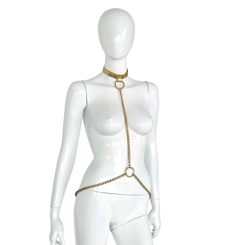Kiotos - Collar - Collar de cuero dorado con cadenas doradas - Ajustable-Erotiekvoordeel.nl