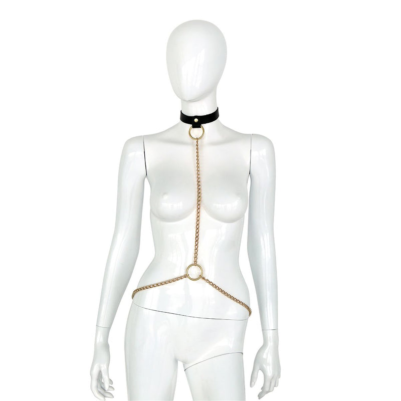 Kiotos Deluxe - Collar - Zwart Leren Halsband met Gouden Kettingen - Verstelbaar-Laced-up.nl