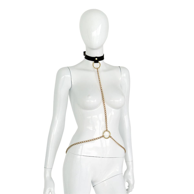 Kiotos Deluxe - Collar - Zwart Leren Halsband met Gouden Kettingen - Verstelbaar-Laced-up.nl