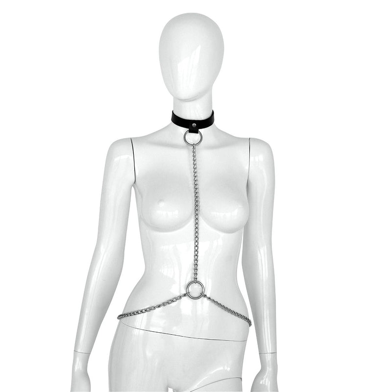 Kiotos Deluxe - Collar - Zwart Leren Halsband met Zilveren Kettingen - Verstelbaar-Laced-up.nl