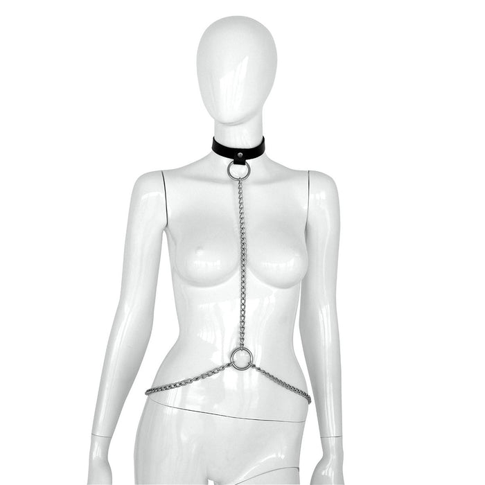 Kiotos Deluxe - Collar - Zwart Leren Halsband met Zilveren Kettingen - Verstelbaar-Laced-up.nl