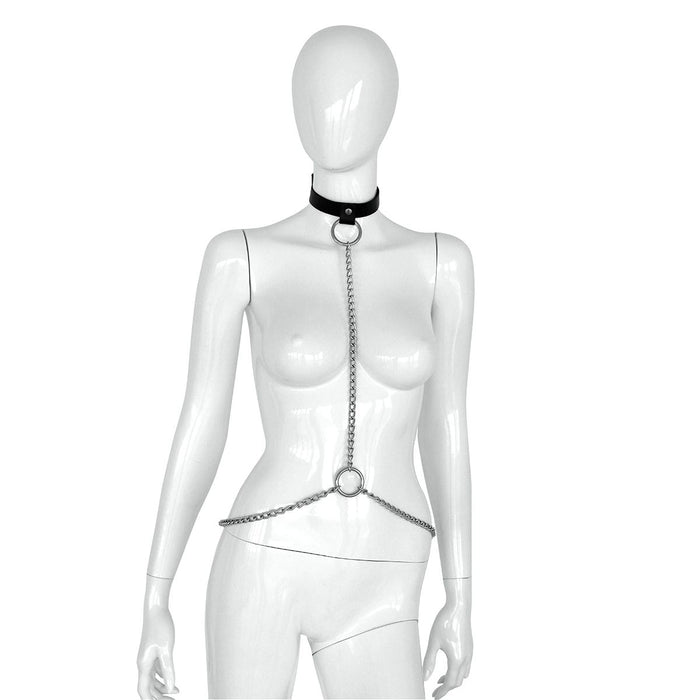 Kiotos Deluxe - Collar - Zwart Leren Halsband met Zilveren Kettingen - Verstelbaar-Laced-up.nl