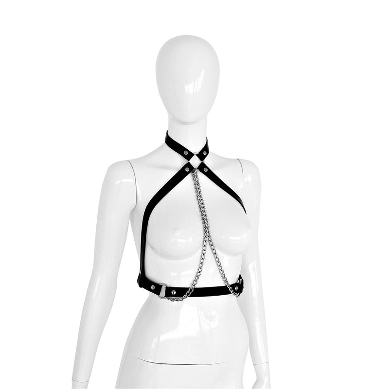 Kiotos - Body Harnas - Leren Riemen Body met Zilveren Ketting - Verstelbaar - Zwart Zilver-Erotiekvoordeel.nl