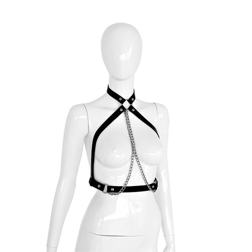Kiotos - Body Harnas - Leren Riemen Body met Zilveren Ketting - Verstelbaar - Zwart Zilver-Erotiekvoordeel.nl