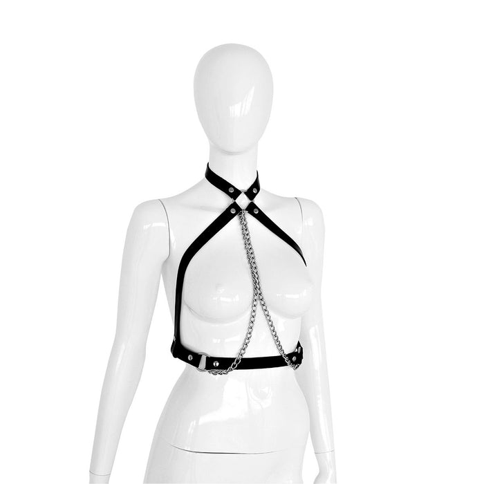 Kiotos Leather - Body Harnas - Leren Riemen Body met Zilveren Ketting - Verstelbaar - Zwart Zilver-Laced-up.nl