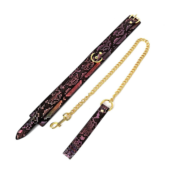 Kiotos Leather - Collar En Leiband Met Reptielenprint - Goud/Roze - veganistisch vriendelijk-Laced-up.nl