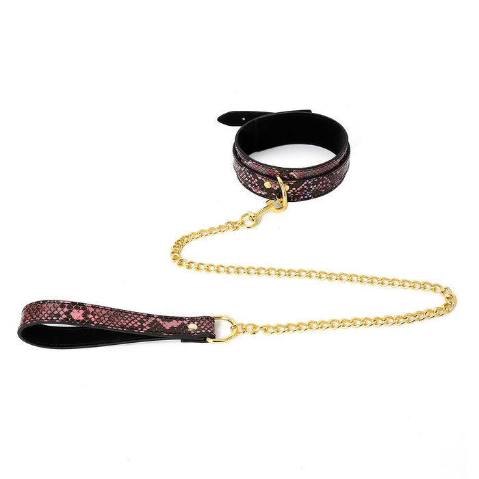 Kiotos Leather - Collar En Leiband Met Reptielenprint - Goud/Roze - veganistisch vriendelijk-Laced-up.nl