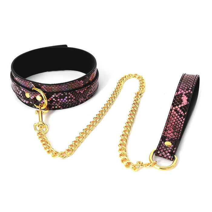 Kiotos Leather - Collar En Leiband Met Reptielenprint - Goud/Roze - veganistisch vriendelijk-Laced-up.nl