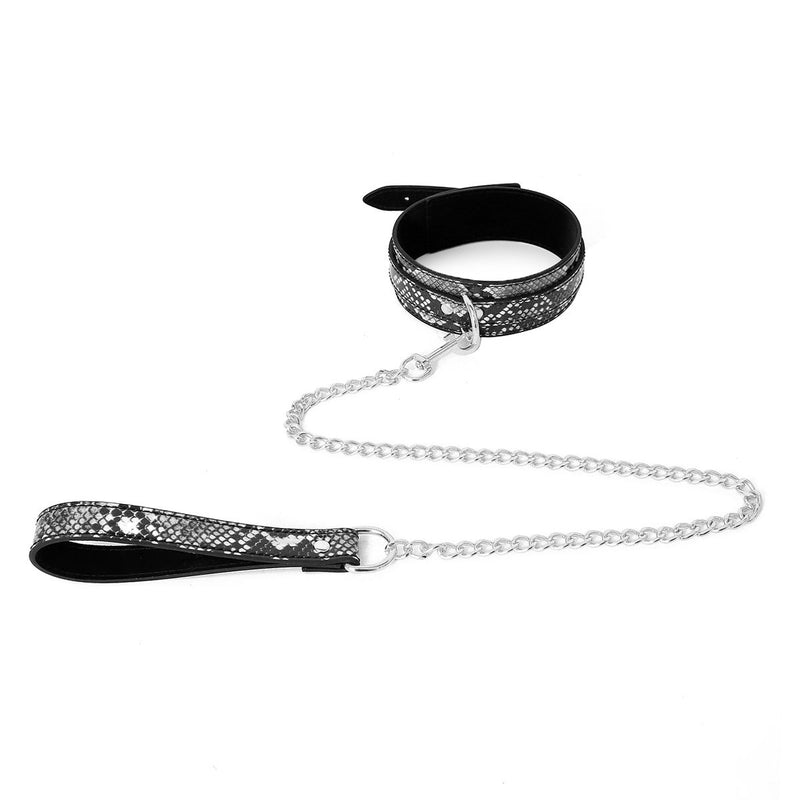 Kiotos Leather - Collar En leiband Met Reptielenprint - Zwart/Zilver-Laced-up.nl