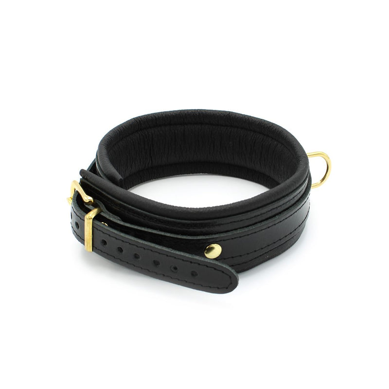 Kiotos Leather - Lederen Collar Met Goudkleurige Metalen Hardware - Zwart-Laced-up.nl