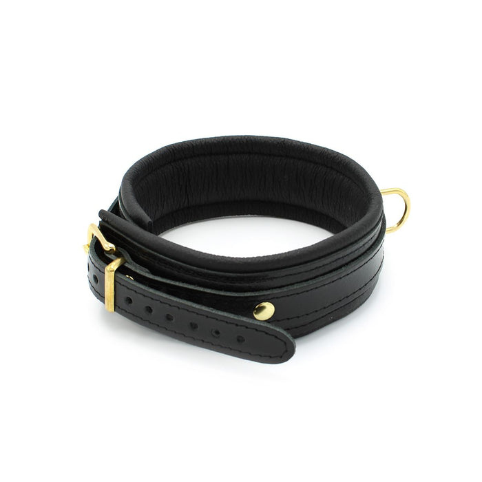 Kiotos Leather - Lederen Collar Met Goudkleurige Metalen Hardware - Zwart-Laced-up.nl